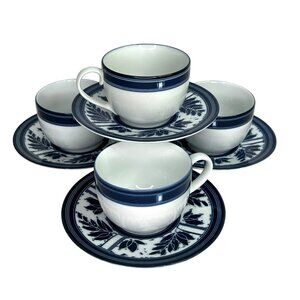 Vintage Dansk Ceylon Blue White Ceramic Tea/Coffee Cups Saucers Set 4 Portugal